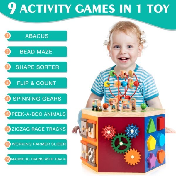 9-in-1 Wooden Farm Activity Cube – Montessori Toy for Toddlers - Image 2